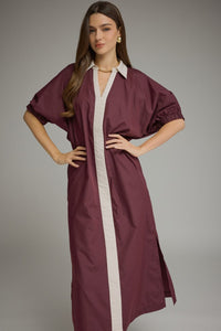 Winesday Puff Sleeve V-Neck Lined Midi Dress w/Pockets