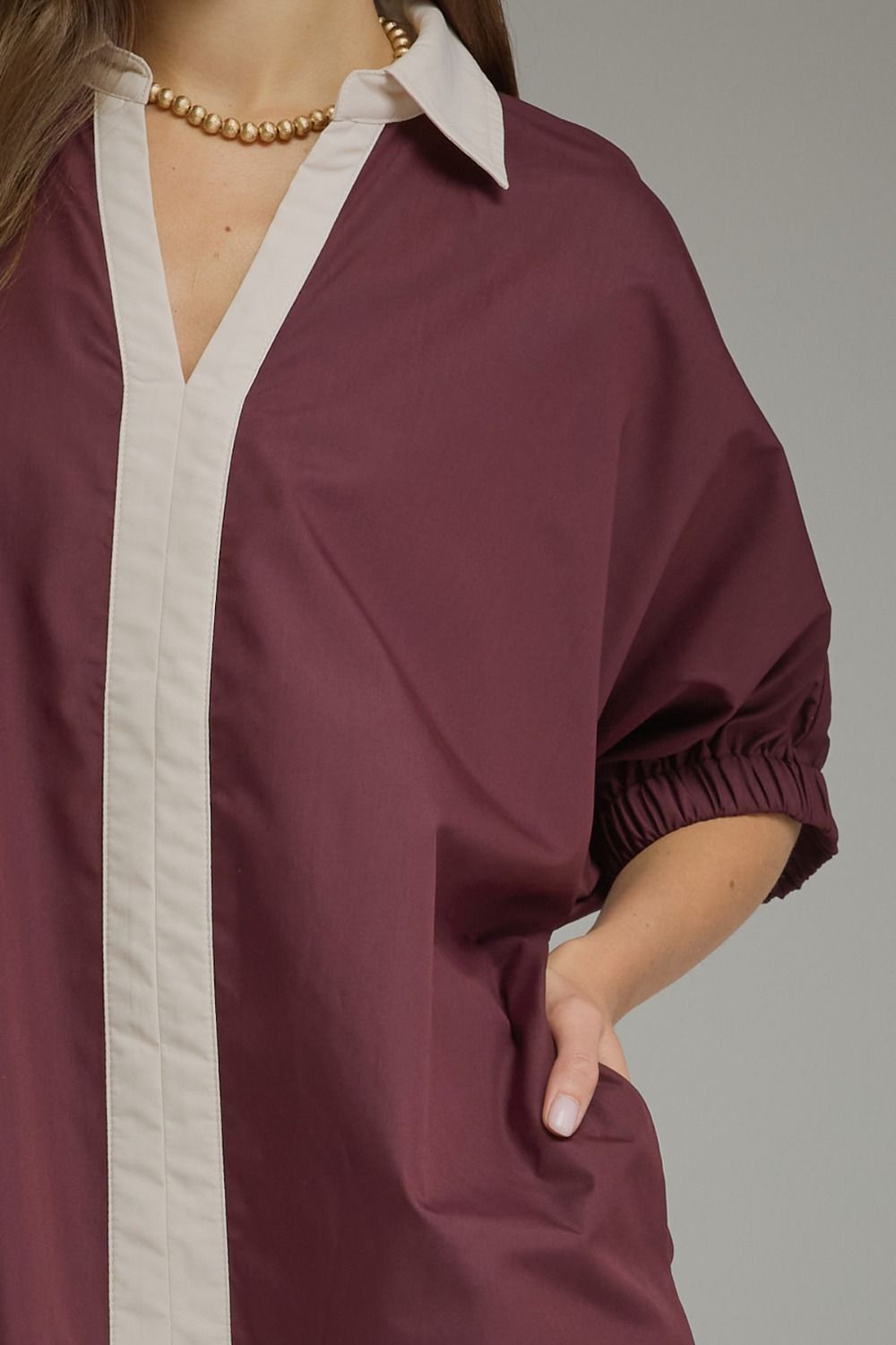 Winesday Puff Sleeve V-Neck Lined Midi Dress w/Pockets