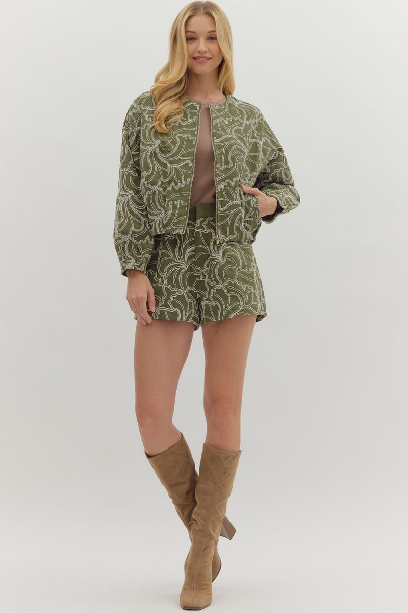 Olivia Textured Zip-Up (Cotton) Cropped Jacket w/ Ivory Floral Embroidery