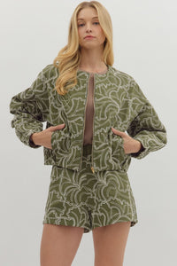 Olivia Textured Zip-Up (Cotton) Cropped Jacket w/ Ivory Floral Embroidery