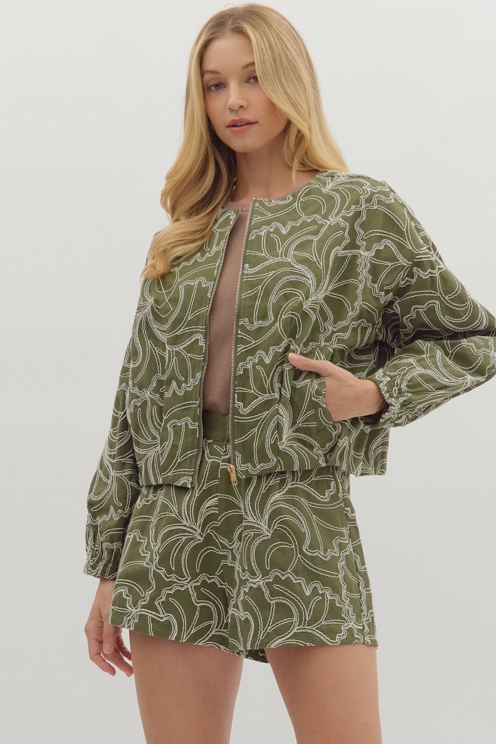 Olivia Textured Zip-Up (Cotton) Cropped Jacket w/ Ivory Floral Embroidery
