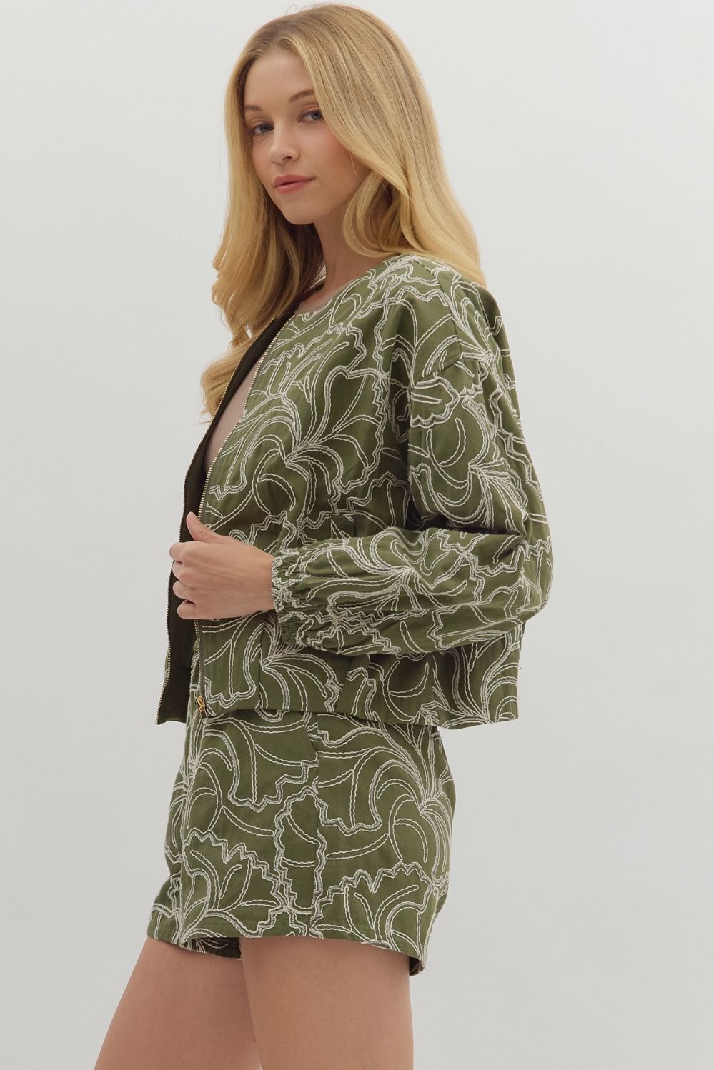 Olivia Textured Zip-Up (Cotton) Cropped Jacket w/ Ivory Floral Embroidery