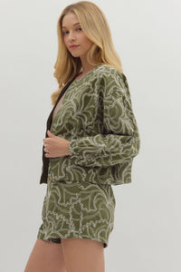 Olivia Textured Zip-Up (Cotton) Cropped Jacket w/ Ivory Floral Embroidery
