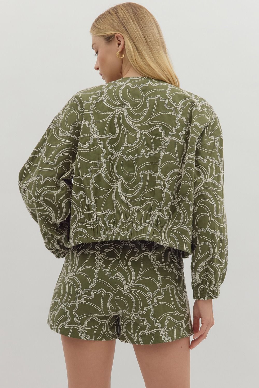 Olivia Textured Zip-Up (Cotton) Cropped Jacket w/ Ivory Floral Embroidery