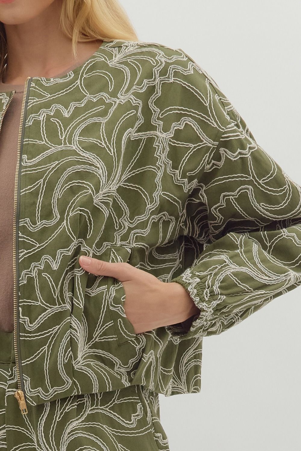 Olivia Textured Zip-Up (Cotton) Cropped Jacket w/ Ivory Floral Embroidery