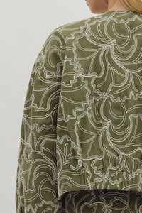 Olivia Textured Zip-Up (Cotton) Cropped Jacket w/ Ivory Floral Embroidery