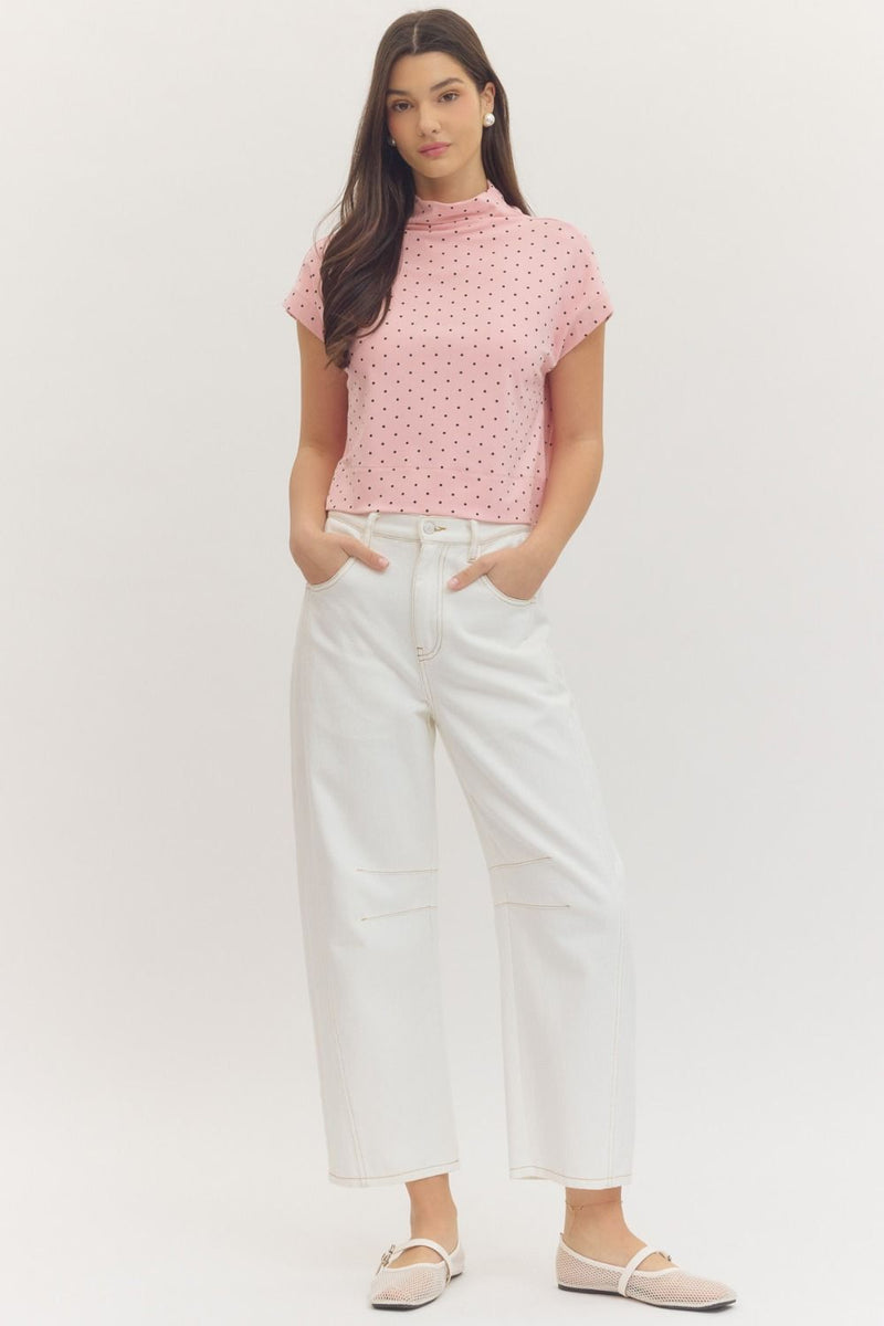 Polly Polka Dot Cap Sleeve (Rayon) Mock Neck Top