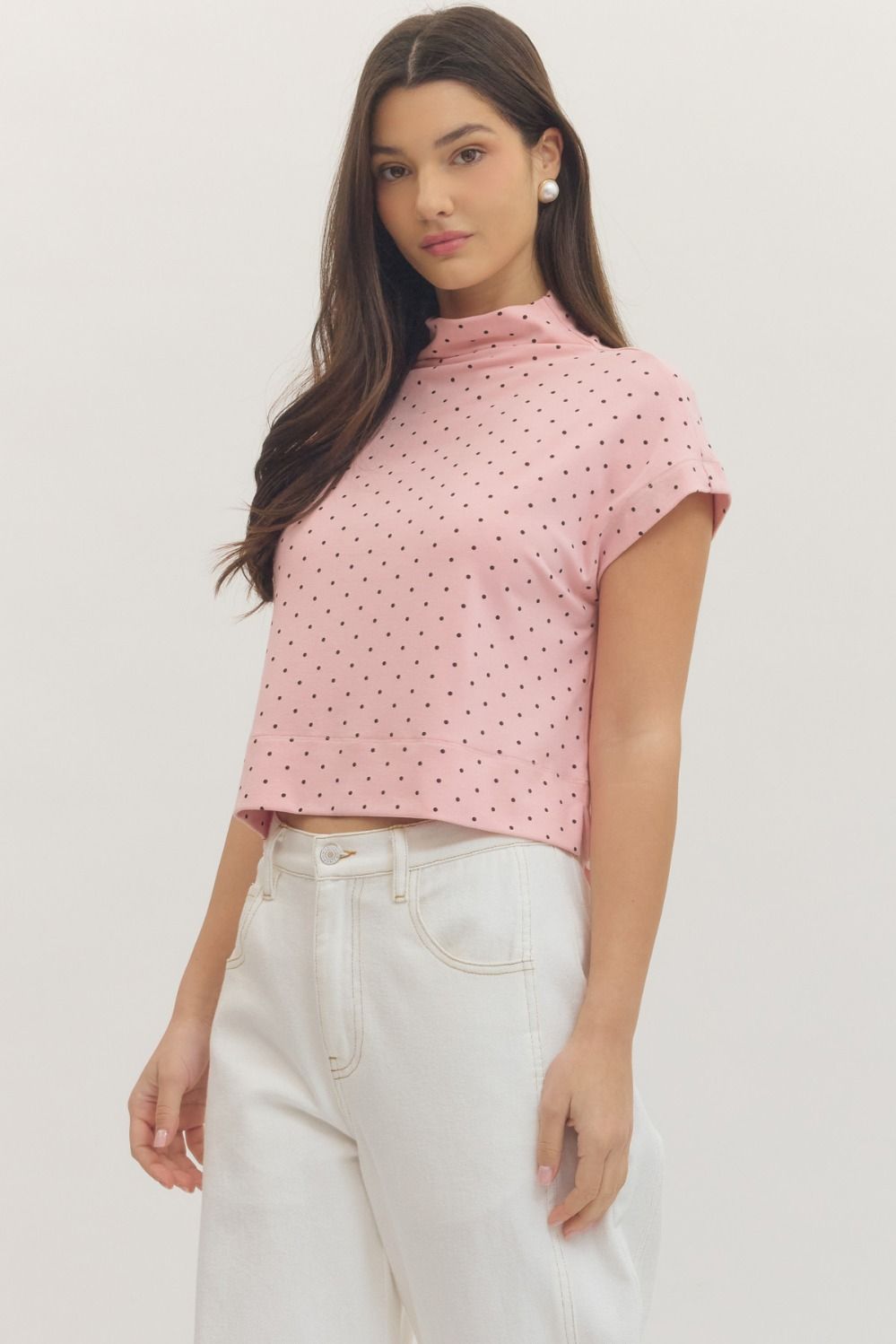 Polly Polka Dot Cap Sleeve (Rayon) Mock Neck Top