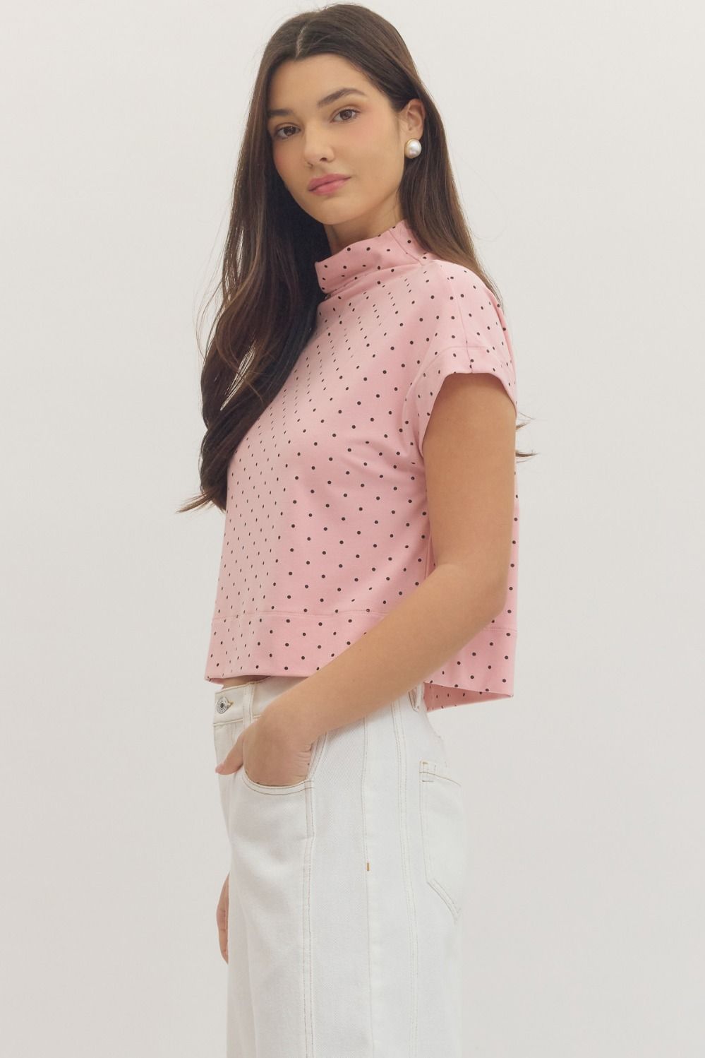 Polly Polka Dot Cap Sleeve (Rayon) Mock Neck Top