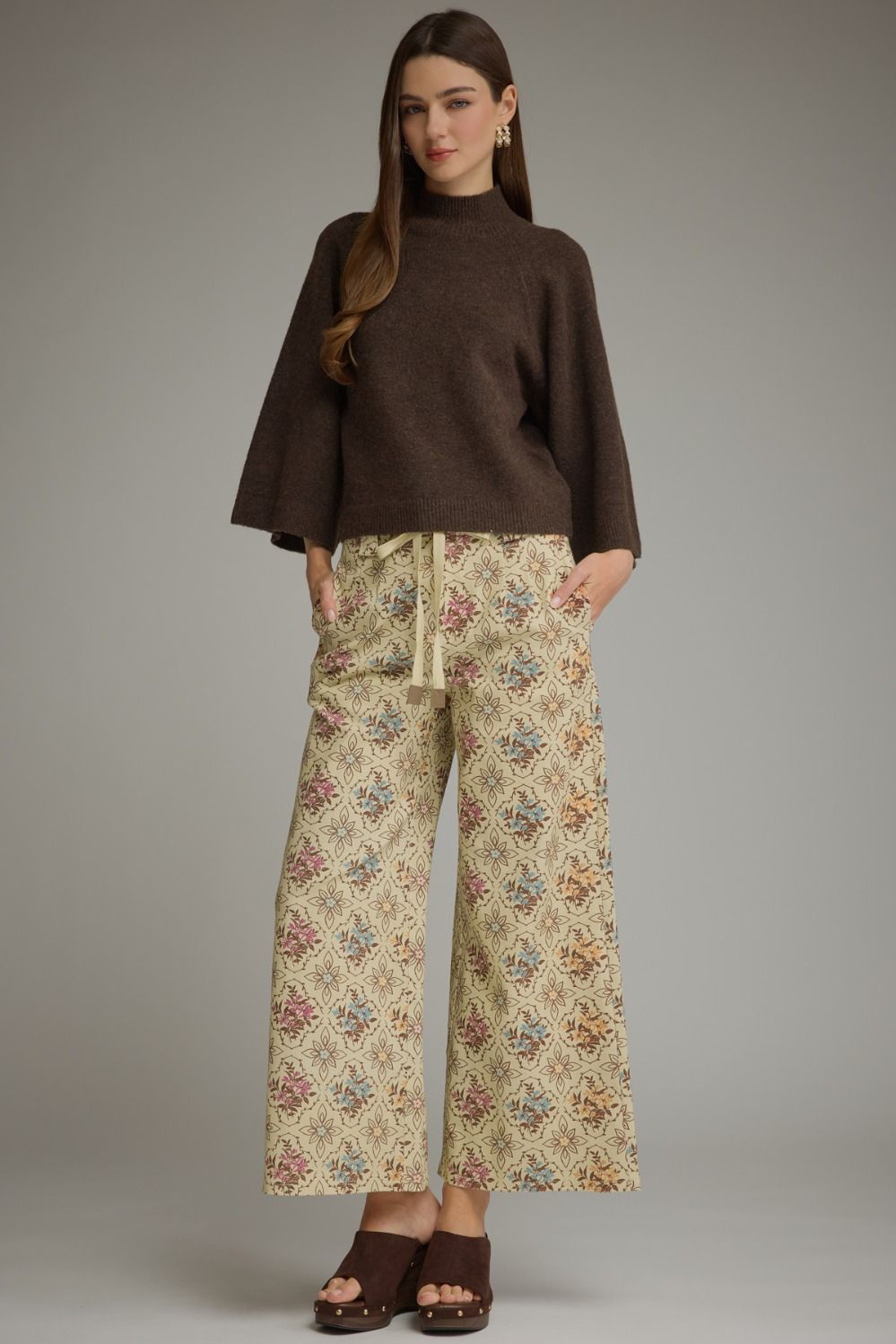 Long Sleeve Knit Top (Dark Brown) w/Mock Neck & Wide Sleeves