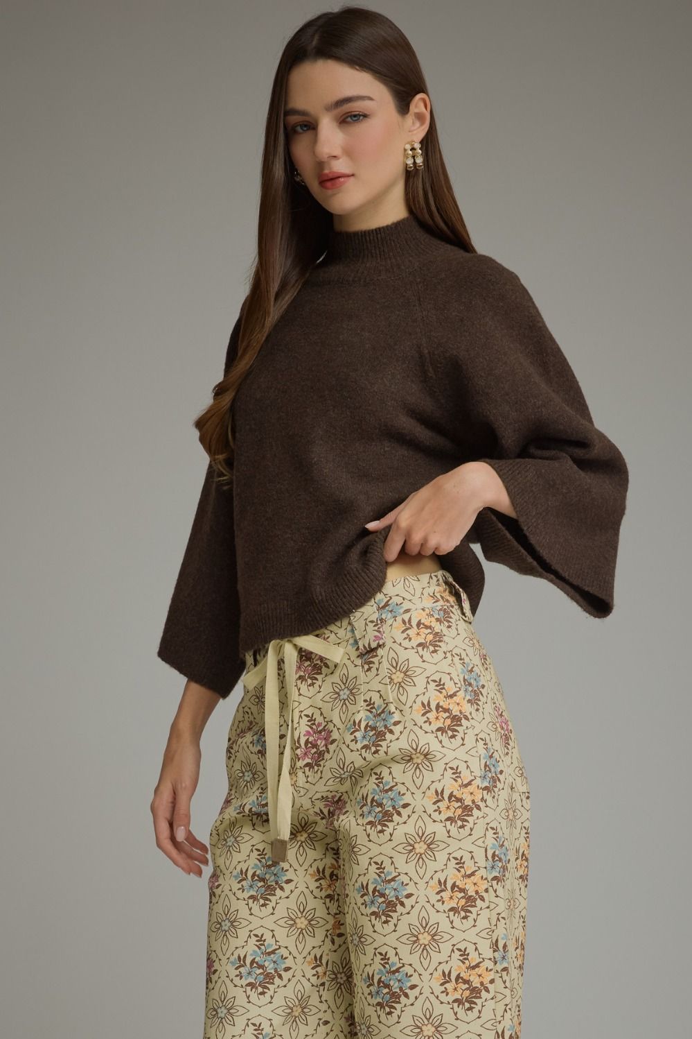 Long Sleeve Knit Top (Dark Brown) w/Mock Neck & Wide Sleeves
