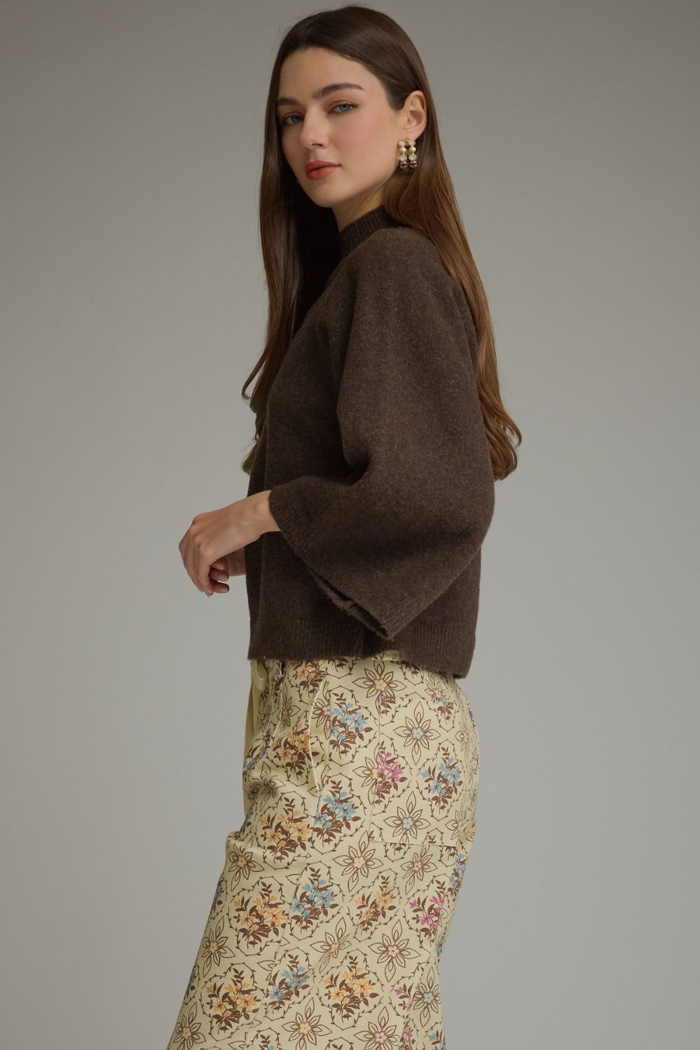 Long Sleeve Knit Top (Dark Brown) w/Mock Neck & Wide Sleeves