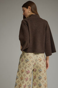 Long Sleeve Knit Top (Dark Brown) w/Mock Neck & Wide Sleeves