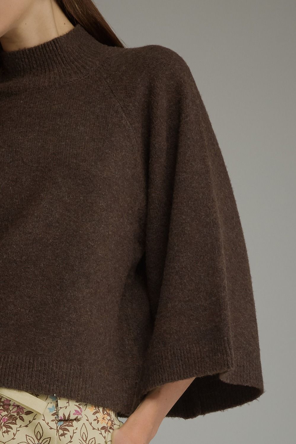 Long Sleeve Knit Top (Dark Brown) w/Mock Neck & Wide Sleeves
