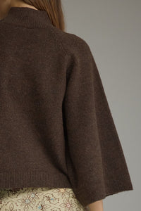 Long Sleeve Knit Top (Dark Brown) w/Mock Neck & Wide Sleeves
