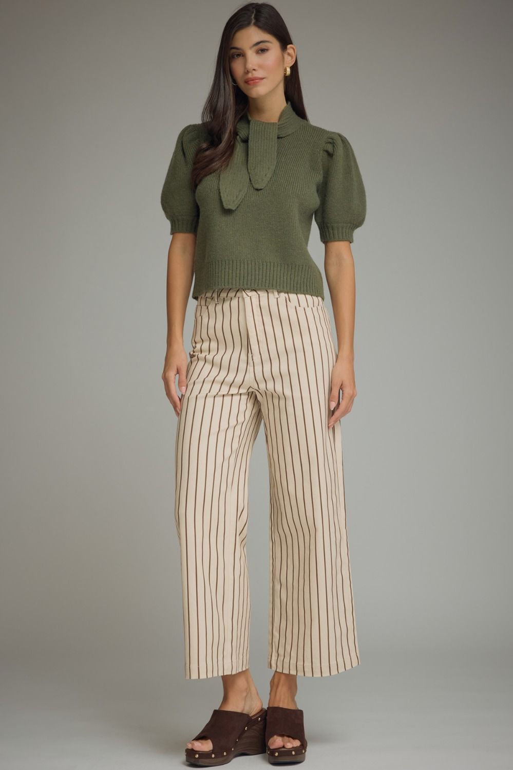 Erica (Olive) Puff, Short Sleeve Sweater w/Self-Tie Scarf
