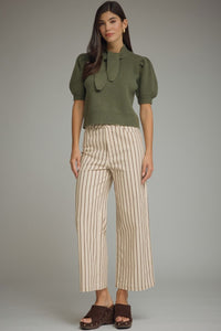 Erica (Olive) Puff, Short Sleeve Sweater w/Self-Tie Scarf