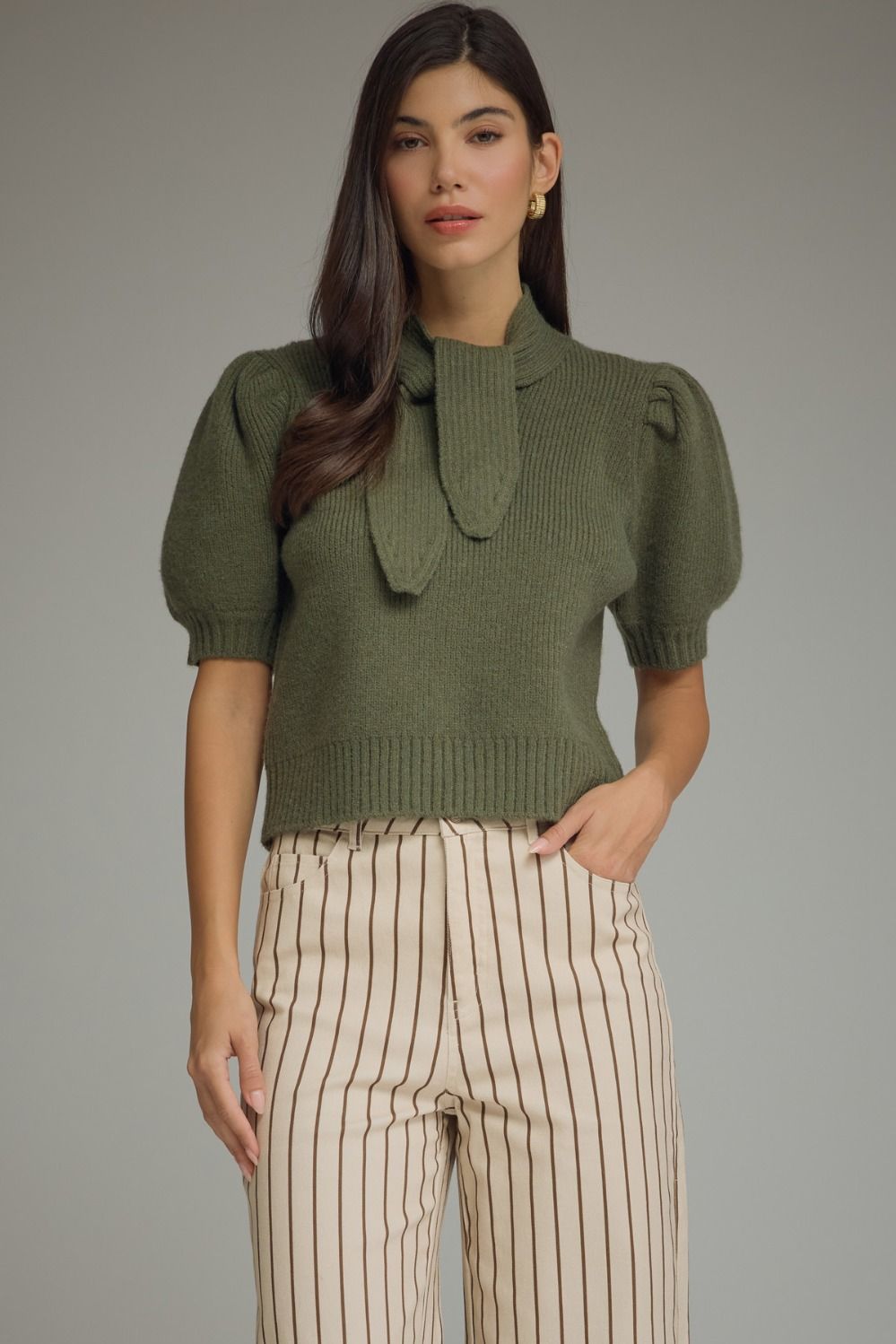 Erica (Olive) Puff, Short Sleeve Sweater w/Self-Tie Scarf