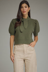 Erica (Olive) Puff, Short Sleeve Sweater w/Self-Tie Scarf