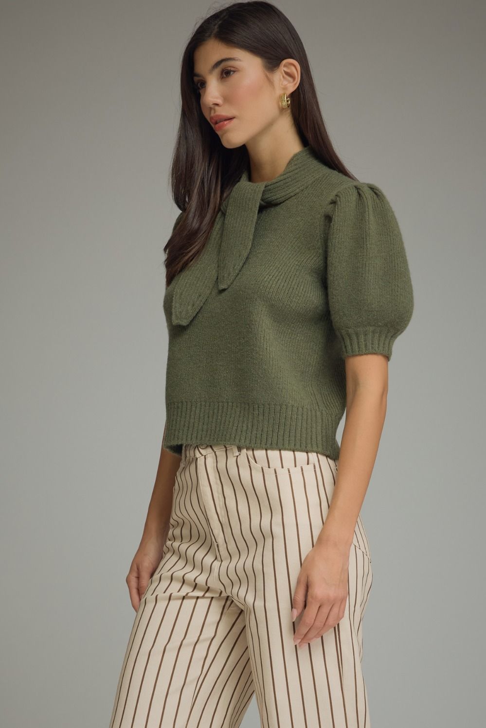Erica (Olive) Puff, Short Sleeve Sweater w/Self-Tie Scarf