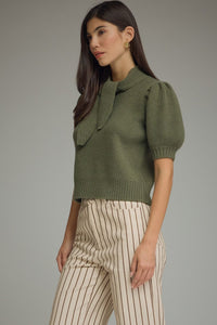 Erica (Olive) Puff, Short Sleeve Sweater w/Self-Tie Scarf