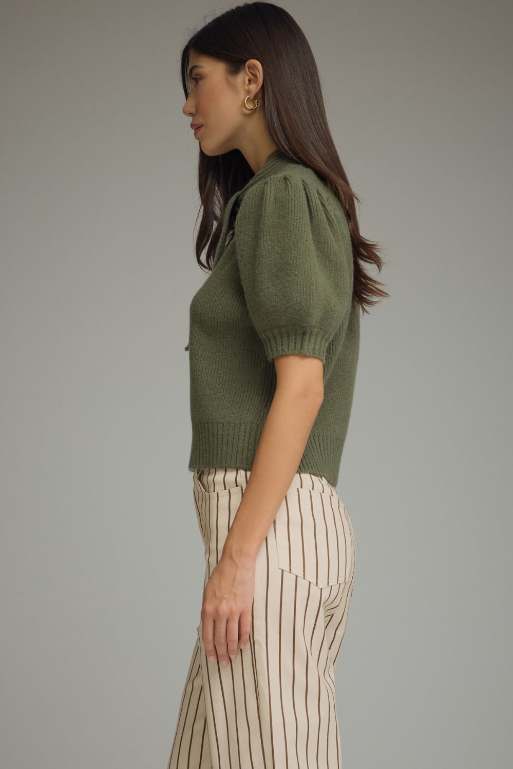 Erica (Olive) Puff, Short Sleeve Sweater w/Self-Tie Scarf