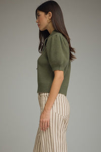 Erica (Olive) Puff, Short Sleeve Sweater w/Self-Tie Scarf