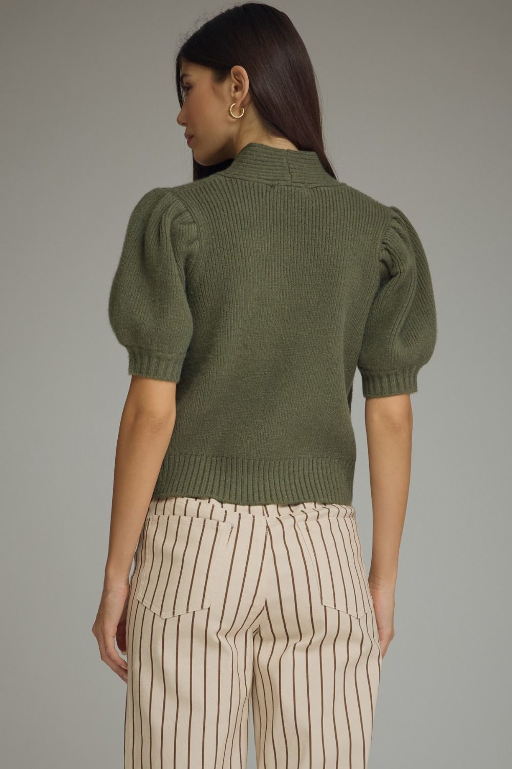 Erica (Olive) Puff, Short Sleeve Sweater w/Self-Tie Scarf