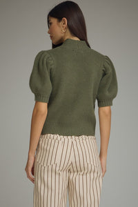 Erica (Olive) Puff, Short Sleeve Sweater w/Self-Tie Scarf