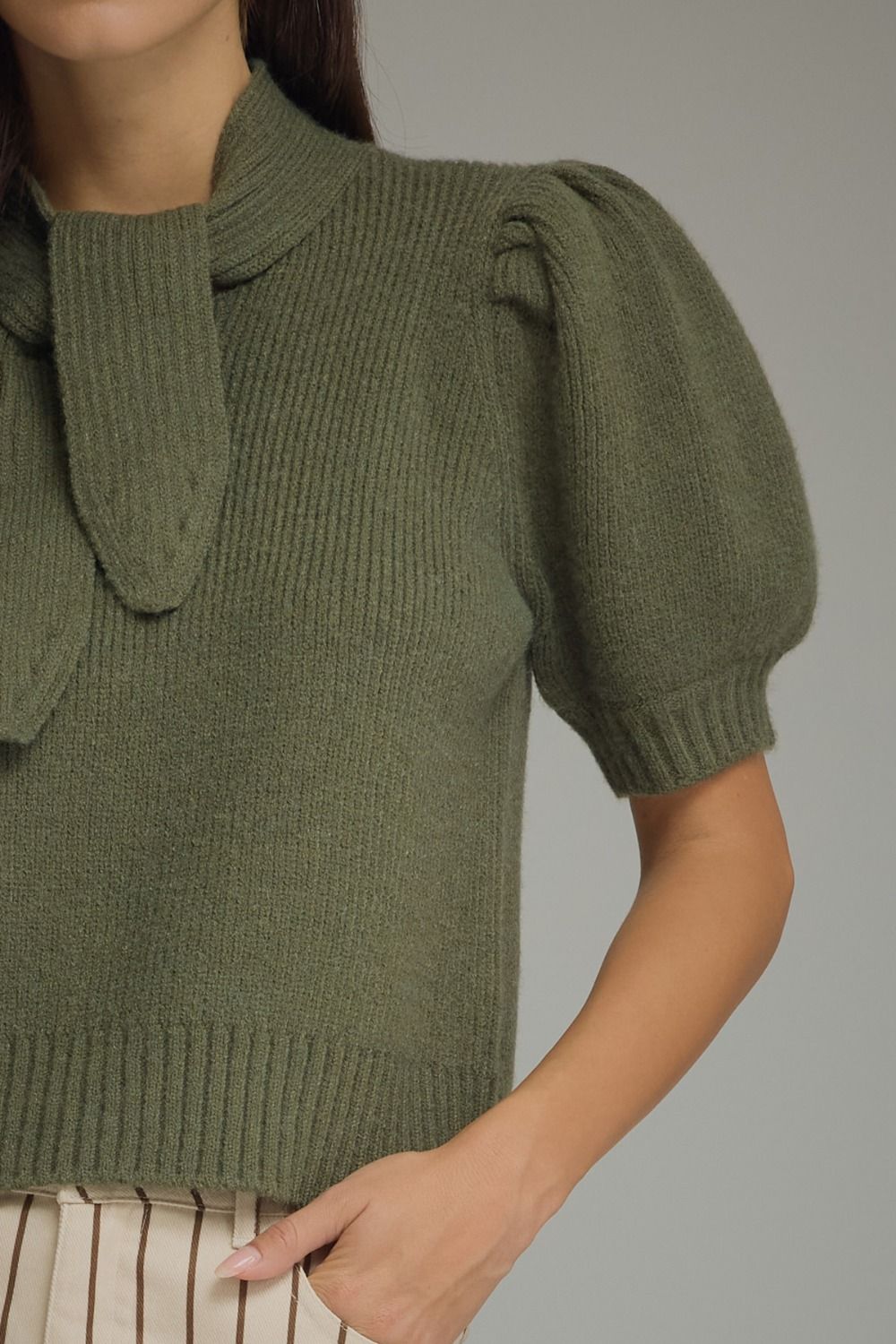Erica (Olive) Puff, Short Sleeve Sweater w/Self-Tie Scarf
