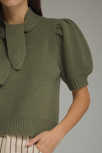 Erica (Olive) Puff, Short Sleeve Sweater w/Self-Tie Scarf
