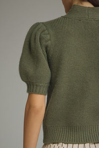 Erica (Olive) Puff, Short Sleeve Sweater w/Self-Tie Scarf