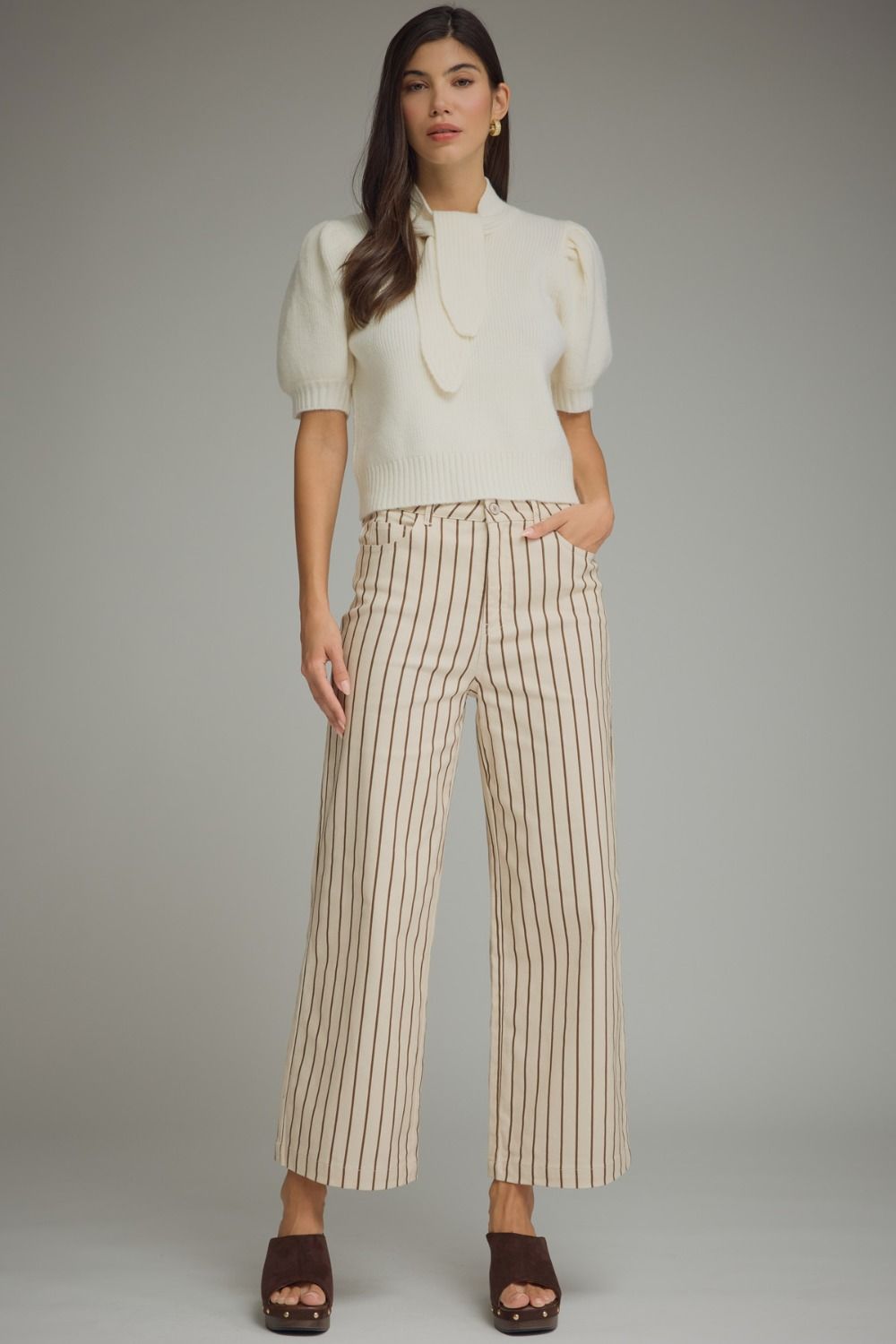 Erica (Cream) Puff, Short Sleeve Sweater w/Self-Tie Scarf