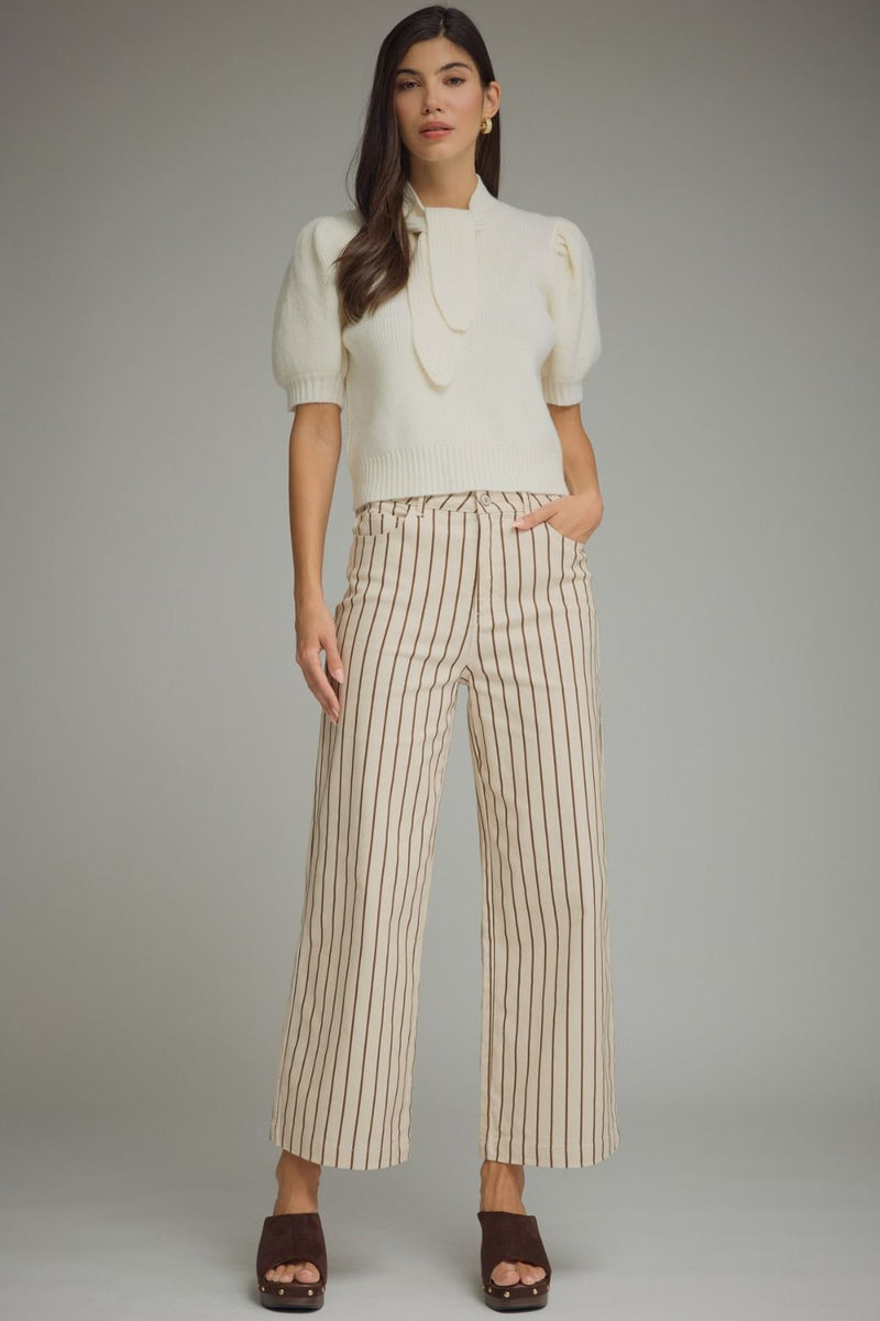 Erica (Cream) Puff, Short Sleeve Sweater w/Self-Tie Scarf