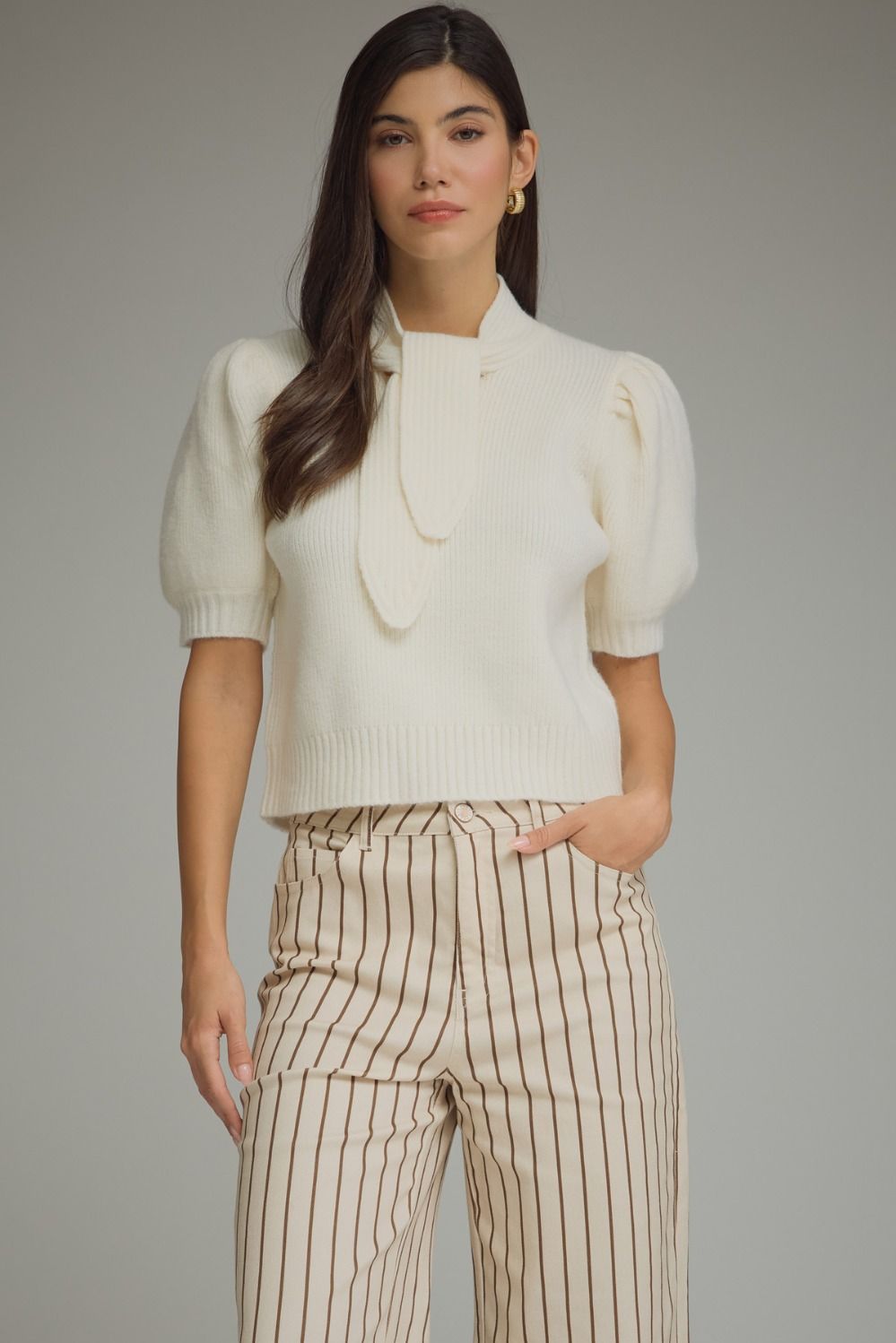 Erica (Cream) Puff, Short Sleeve Sweater w/Self-Tie Scarf