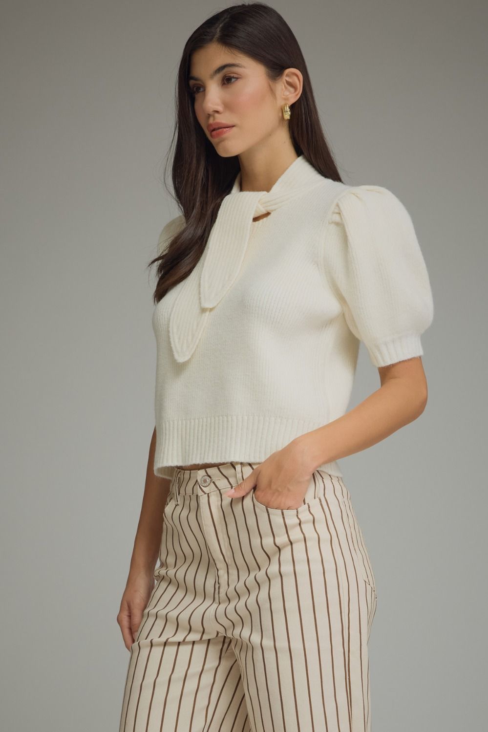 Erica (Cream) Puff, Short Sleeve Sweater w/Self-Tie Scarf