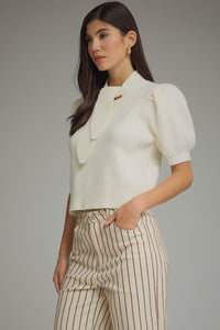 Erica (Cream) Puff, Short Sleeve Sweater w/Self-Tie Scarf