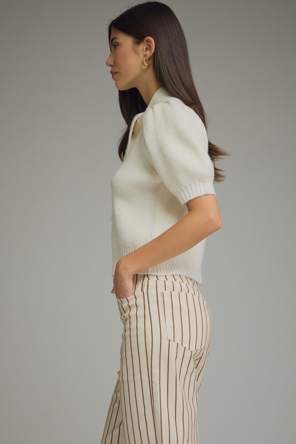 Erica (Cream) Puff, Short Sleeve Sweater w/Self-Tie Scarf