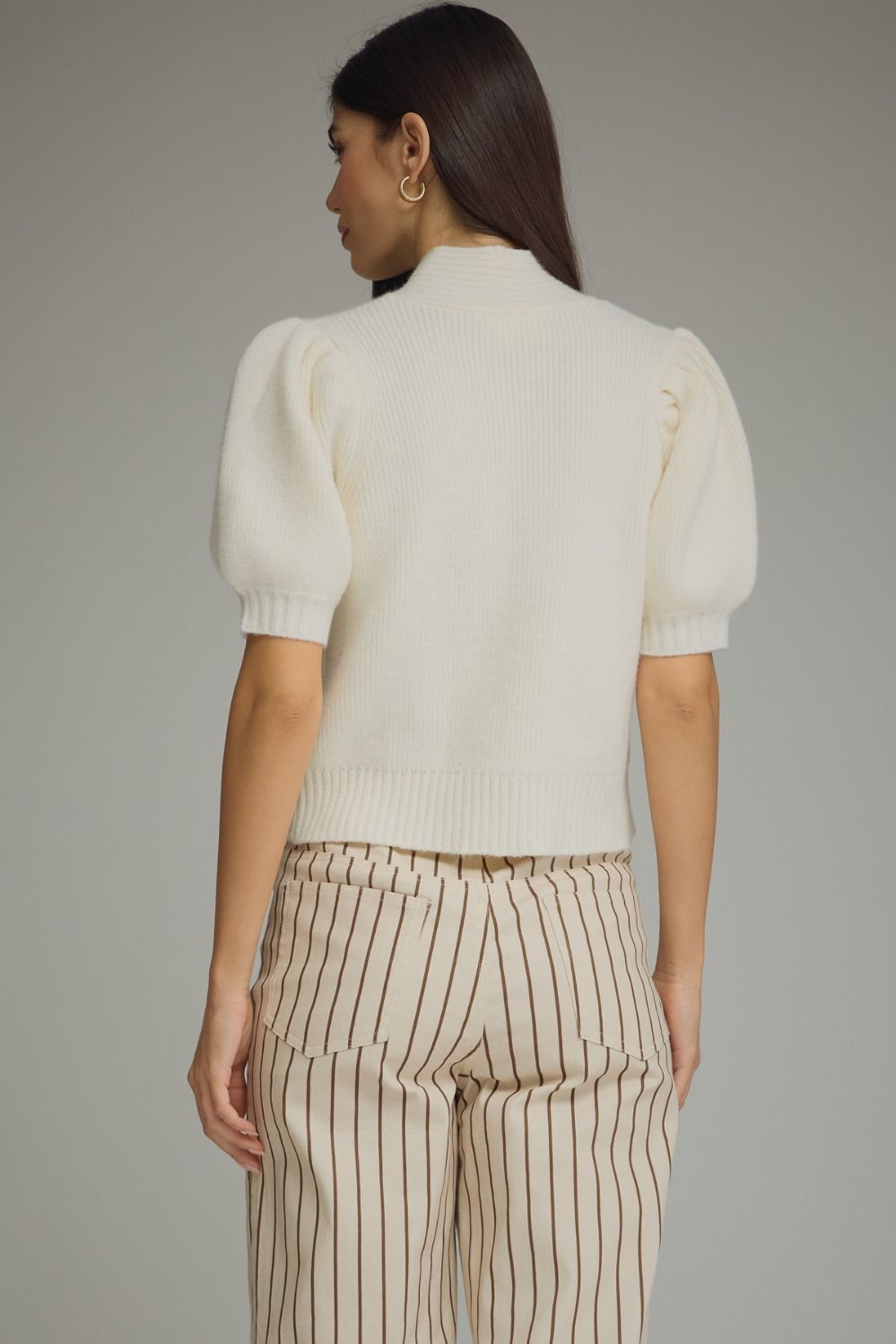 Erica (Cream) Puff, Short Sleeve Sweater w/Self-Tie Scarf