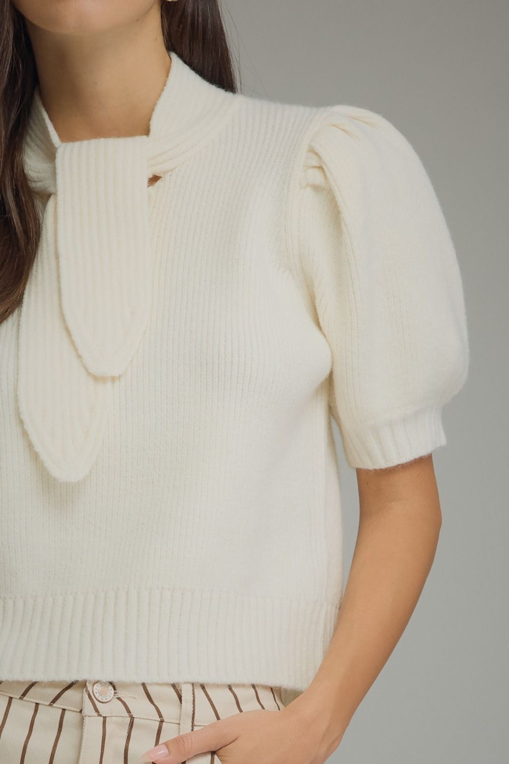 Erica (Cream) Puff, Short Sleeve Sweater w/Self-Tie Scarf