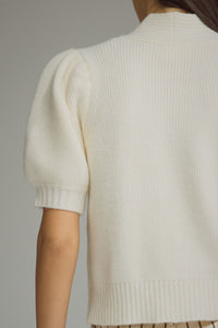 Erica (Cream) Puff, Short Sleeve Sweater w/Self-Tie Scarf