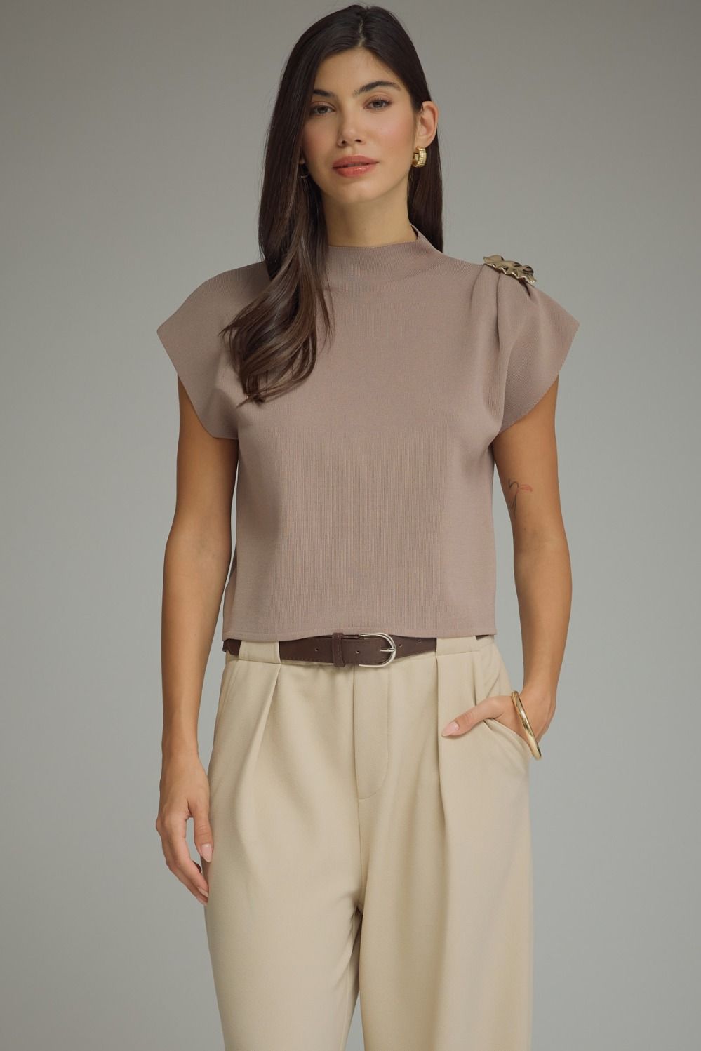 Uptown Girl  w/Shoulder Embellishment Cap Sleeve Top