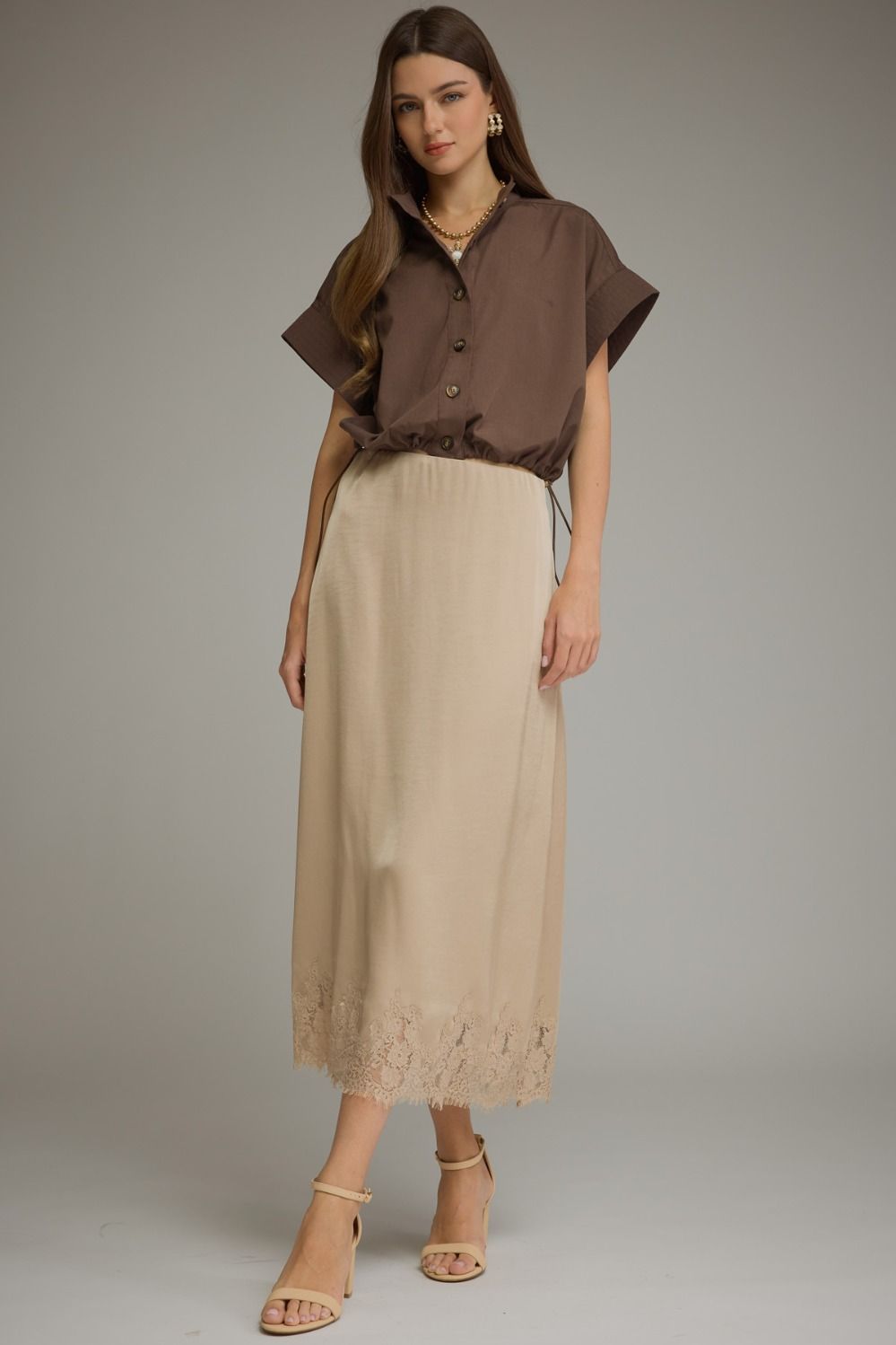 Matilyn (Chocolate) Short Sleeve Top w/Adjustable Cinched Hem