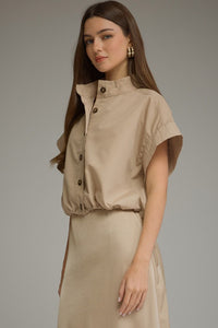 Matilyn (Beige) Short Sleeve Top w/Adjustable Cinched Hem