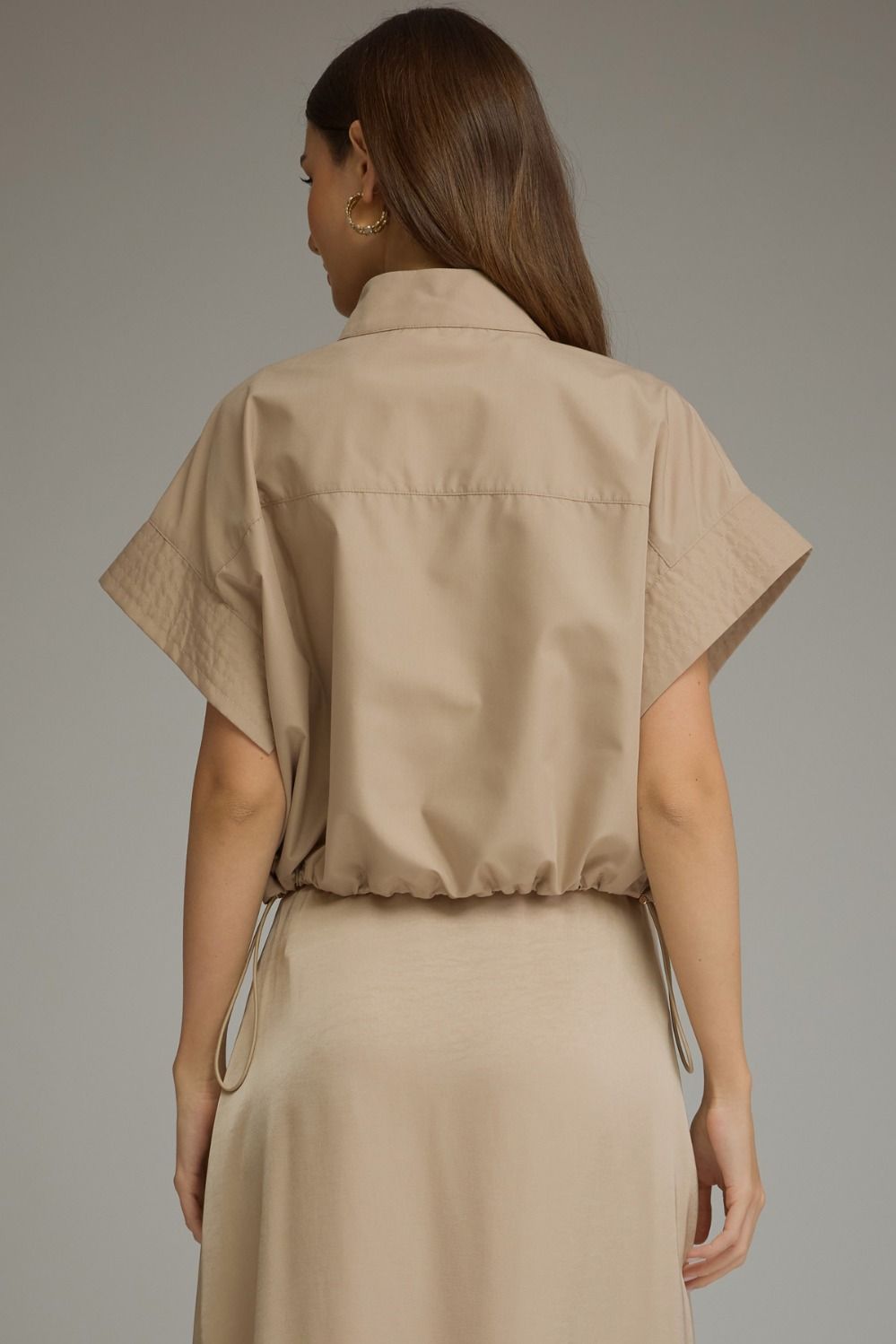 Matilyn (Beige) Short Sleeve Top w/Adjustable Cinched Hem