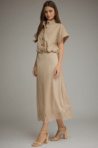 Matilyn (Beige) Short Sleeve Top w/Adjustable Cinched Hem