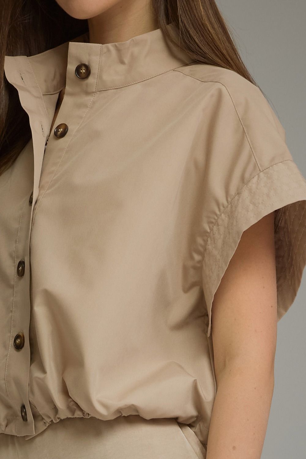 Matilyn (Beige) Short Sleeve Top w/Adjustable Cinched Hem