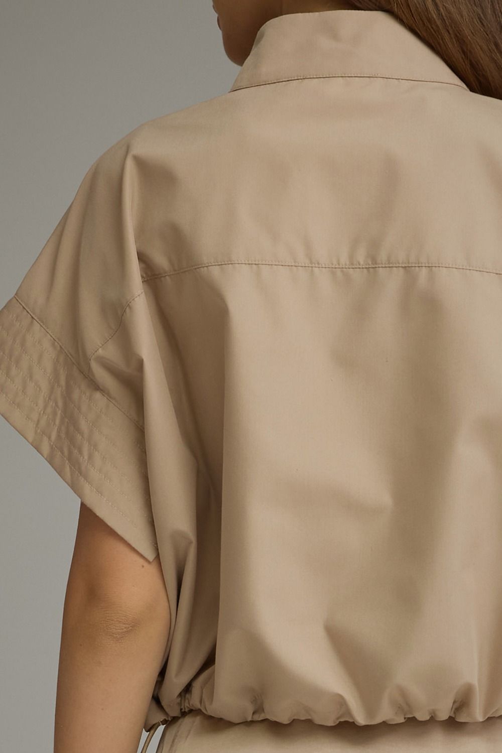 Matilyn (Beige) Short Sleeve Top w/Adjustable Cinched Hem