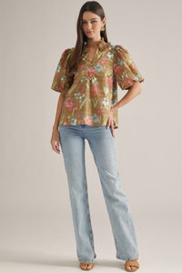 Floral (100% Cotton) Ruffled Neck Puff Sleeve Top