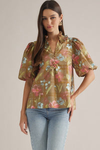 Floral (100% Cotton) Ruffled Neck Puff Sleeve Top